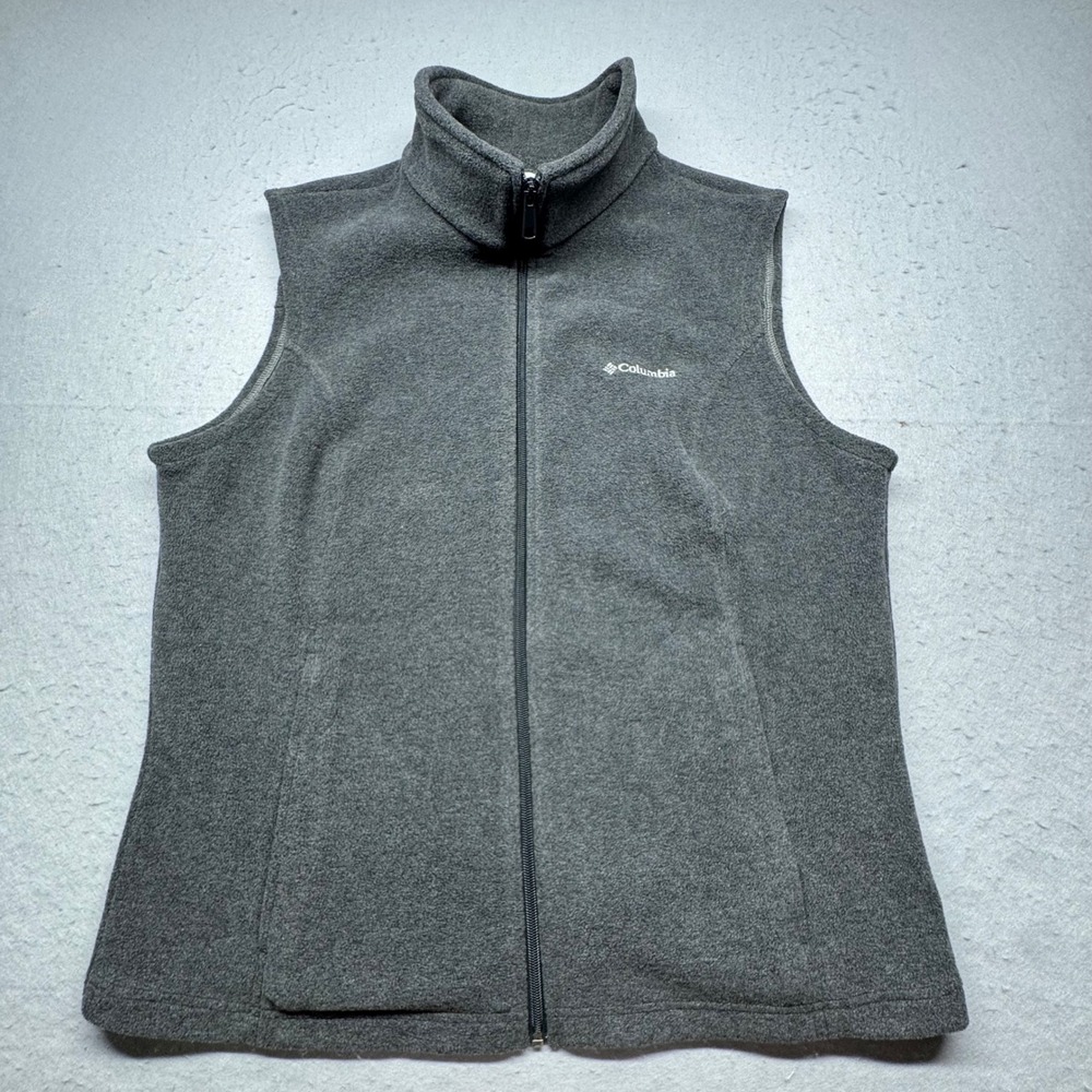 Columbia Fleece Vest Womens XL Gray Full Zip Mock Neck Pockets Outdoor Layer